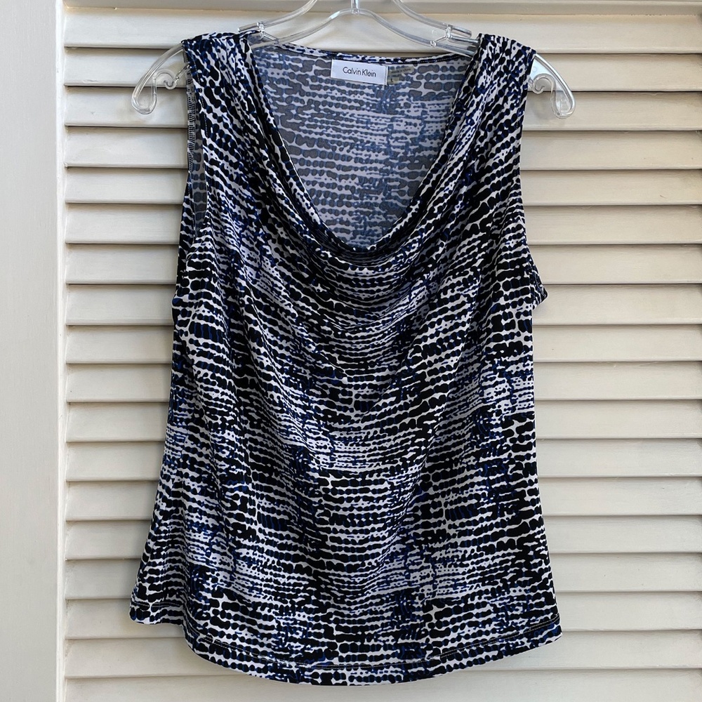 Calvin Klein Sleeveless Navy Blue Tie Dye Print Blouse, Size L